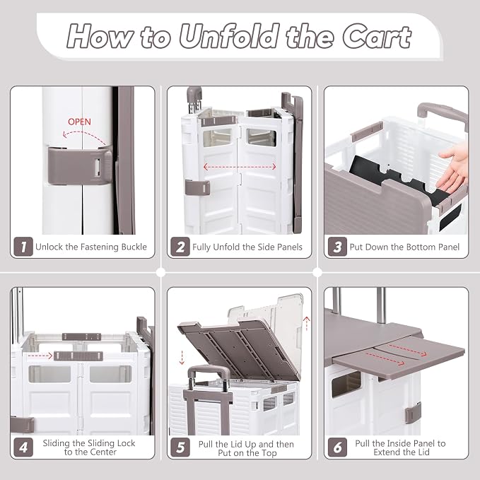 Foldable Utility Cart Rolling Crate Handcart Shopping Cart with Rotate Wheels Extended Magnetic Lid Telescoping Handle Adjustable Angle for Transports Groceries Office Teacher File(White)