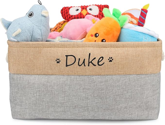 Personalized Dog Toy Storage Basket Bin Collapsible Customized Pet's Name Storage Box Organizer for Dog Toys、Dog Clothing、Dog Apparel & Accessories(Grey-S)