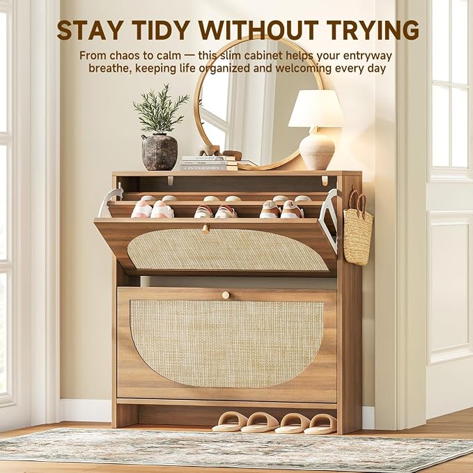 Rattan Arched Accent Shoe Storage Cabinet - Freestanding Ultra Slim for Entryway, 2 Flip Drawers & 3-Tier Adjustable Shelves, Farmhouse Modern Rustic Shoe Rack for Hallway, Foyer, Living Room