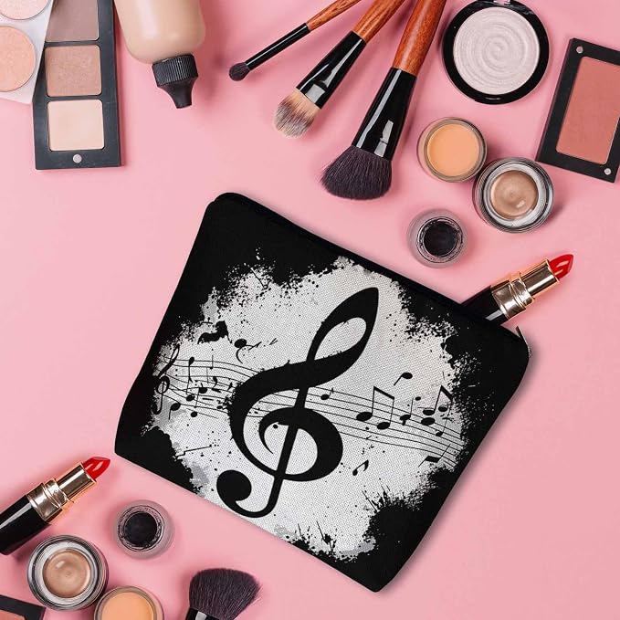 Music Notes Makeup Organizer Bag Cosmetic Bag For Men Women, Grunge Musical Notes Melody Black Travel Toiletry Bag Flax Makeup Bags Purse Business Makeup Pouch For Toiletries Cosmetics