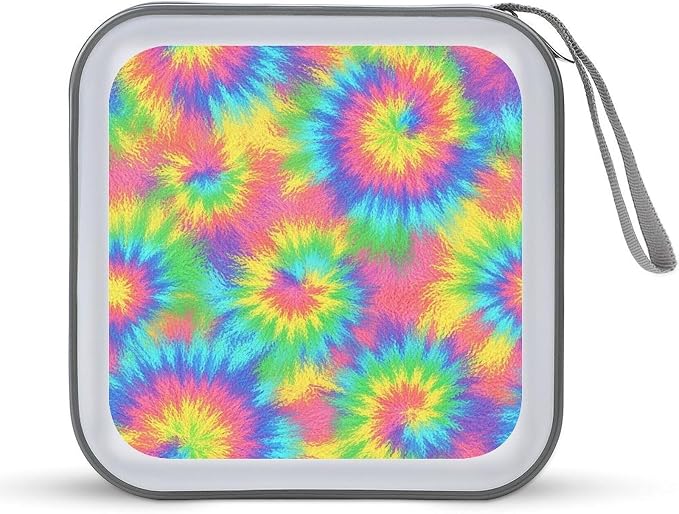 Hard Plastic 40-Disc Storage Binder Rainbow Tie Dye, Protective CD/DVD Wallet with Zipper, Portable Organizer for Movies Music