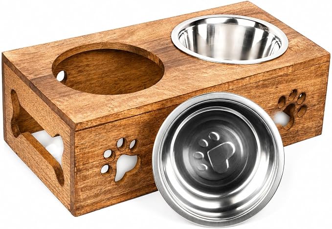 Wooden Dog Cat Pet Feeder Station Stand with 2 Stainless Steel Bowls | Raised Cat Bowl Dogs Bowl Elevated Cat Dog | Pet Dining Table for Cats and Puppy | 16 x 8.5 x 5 Inches