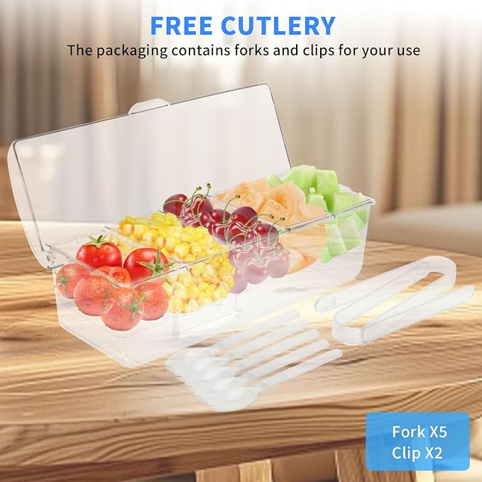 Tefola Ice Chilled Condiment Caddy with Lid, 5 Compartment Condiment Server Condiment Containers with Lids Serving Tray Platter for Bar Accessories, Fruit, Salad, Taco, Party Garnish (1, Clear)