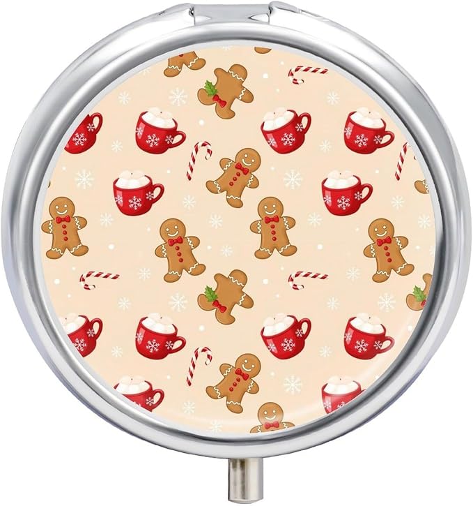 Round Pill Case, Christmas Gingerbread Man Candy Cane Portable Mini Holder, Travel Organizer with Mirror, Pocket Purse Box for Daily Meds