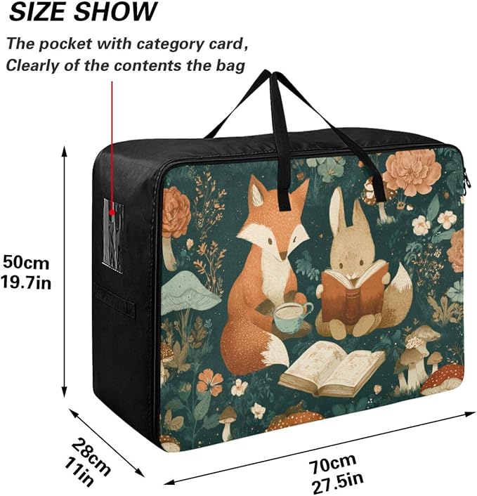 Comforter Storage Bags Large Folding Blanket Organizer Bag with Strong Handles Clear Window Closet Storage Containers for Clothes King Queen Pillows Bedding Quilt Duvet Fox Bunny Mushrooms Gree