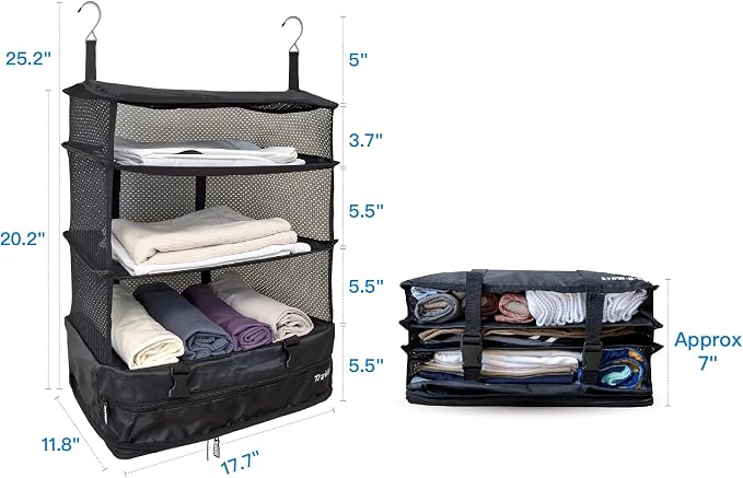Stow-N-Go Hanging Travel Shelves, Packing Organizer for Luggage. Carry on Closet for Suitcase. Expandable Packing Cube. Travel Essentials. (Black - XL, XL = (L) 17.7" x (W) 11.8")