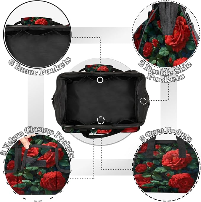 Red Rose Heavy Duty Tool Bag 14.8 Inch Red Floral Flower Portable Soft Tool Box Organizer Storage with Adjustable Shoulder Strap