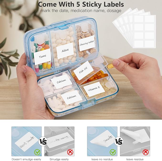 FYY Travel Pill Organizer, Large Weekly Medicine Pill Organizer-Blue | Airtight Moistureproof Medicine Case, Easy to Use, 8 Compartment Pill Box for Vitamins, Fish Oil, Supplements, Mini First Aid