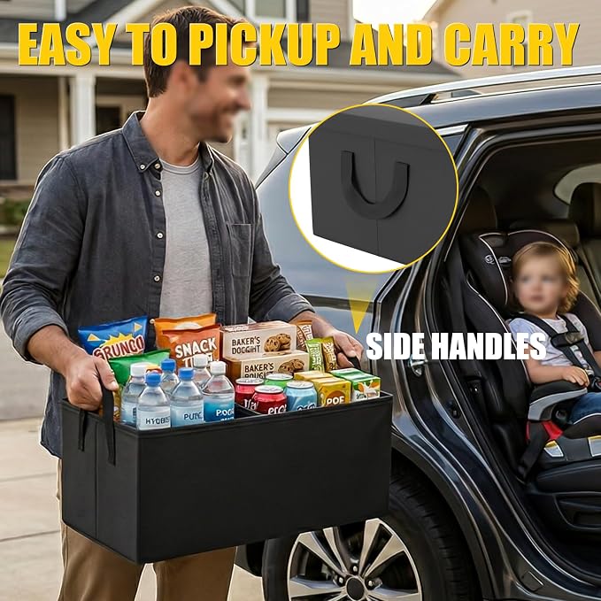 PU Leather Storage Box with Lid and Divider | Large Foldable Organizer with Non-Slip Bottom and Side Handles Waterproof Storage Basket Universal Car Trunk Storage Box