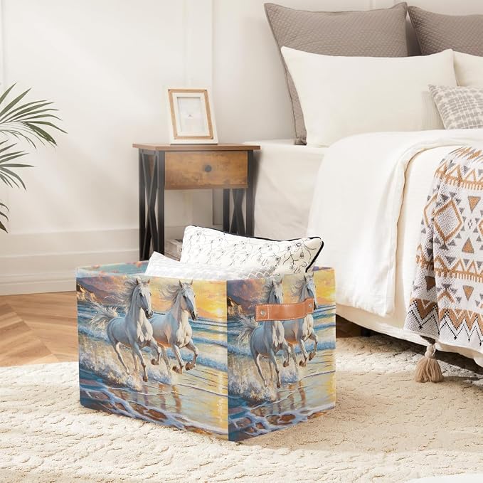 Storage Baskets Bin, Animal Running Horse Beach Collapsible Canvas Fabric Storage Bin Decorative Baskets Toy Organizer Rectangle Storage Boxes with Handles for Home Shelves Nursery,1Pack,A-478