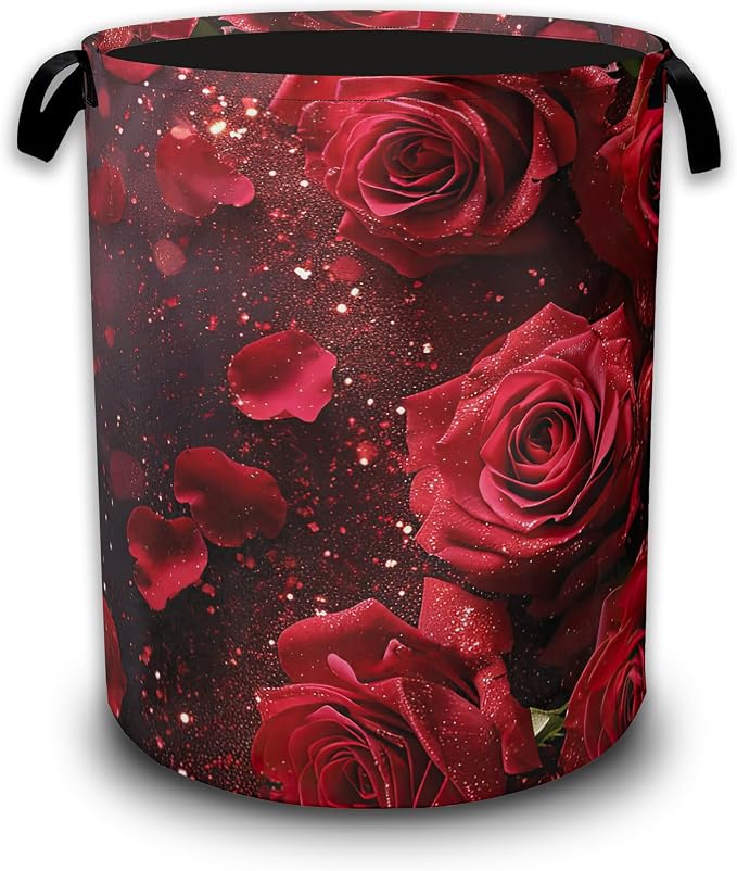 Red Rose Laundry Baskets,Laundry Hamper,Storage Basket with Handles for Bathroom Bedroom College Dormitory Living Room Nursery Organizer 16"x20.8"