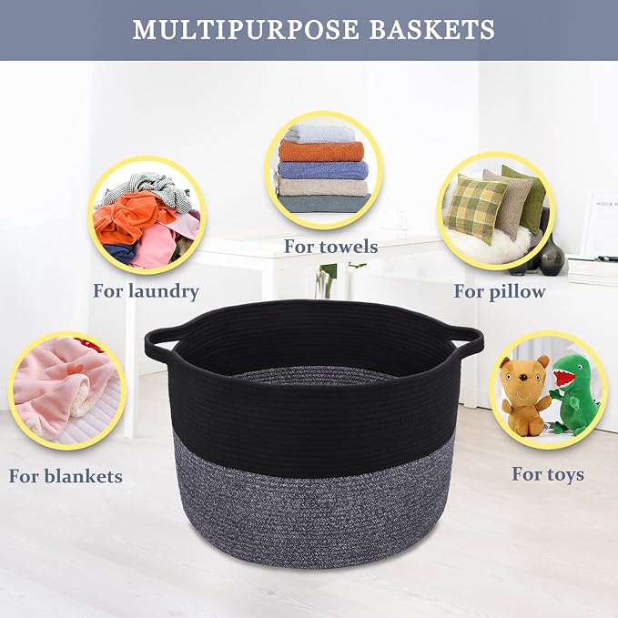 Large Cotton Rope Blanket Basket, 87L Laundry Hamper, Black & Gray