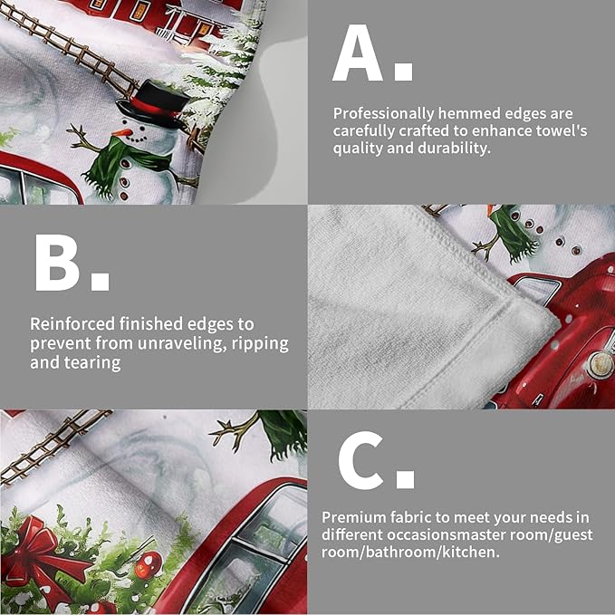Giwawa Red Truck Towel Winter Snowman Xmas Pine Trees Decorative Hand Towels Set of 2 Snowflake Presents Snow Cottage Soft Microfiber Face Washcloth for Bathroom Guest Seasonal Hotel Gym