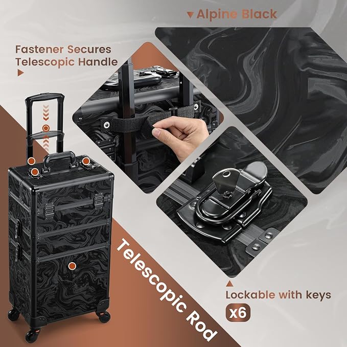 3 in 1 Rolling Makeup Case Cosmetology Case on Wheels Alpine Black | Cosmetic Trolley Large Storage with Keys 360° Swivel Salon Barber Case Traveling Cart Trunk for Artist Hairstylists Nail Tech