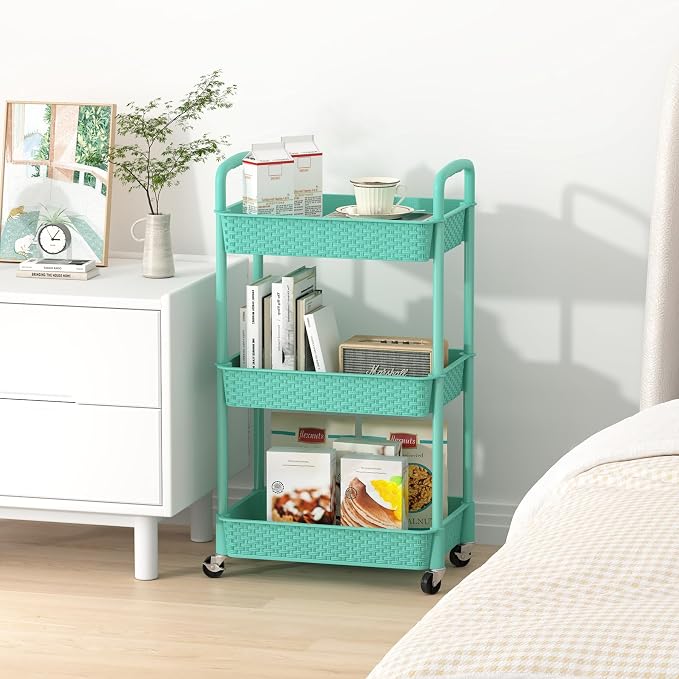 MOYIPIN 3-Tier Plastic Rolling Utility Cart with Handle,Turquoise | Utility Storage Cart for Office, Living Room, Kitchen,Movable Storage Organizer，Easy installation，Rattan-like art design