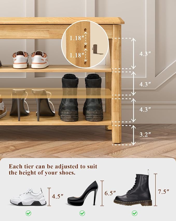 IUNVR Shoe Rack Bench Seat Rubberwood 3-Tier Wooden Storage Bench 550lbs Compact Mid-Century Modern Design for Entryway, Hallway, Closet, Front Door Entrance, Foyer