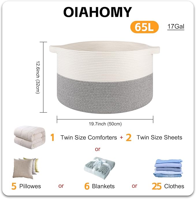 OIAHOMY Large Blanket Basket for Living Room, 19.7" x 12.6" Woven Cotton Rope Laundry Basket for Organizing Pillows, Decorative Stuffed Animal Toy Storage for Nursery, White and Light Grey