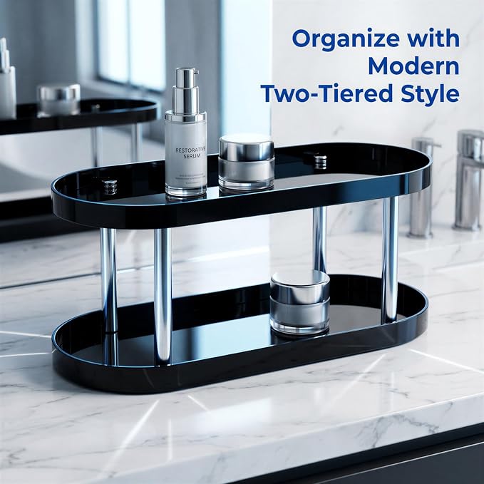 Desktop Organizer, Double Layer Modern Elliptical Storage Rack with Stable Dual Pillar Support, Makeup Desk Organizer for Vanity, Office, Kitchen Spice Countertop, Black and White