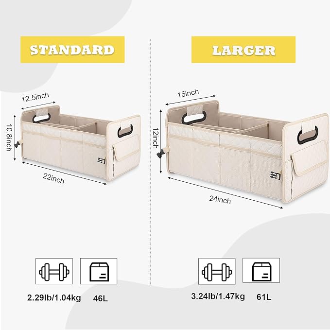 Car Trunk Organizer for SUV, Collapsible Car Storage Organizer Large Beige | Sturdy, Strong Capacity, Diamond Decor, Multi Compartment Container Box Adjustable Car Accessories for Sedan Truck