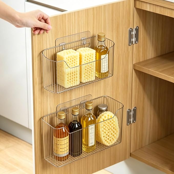 Under Sink Sponge Holder, Cabinet Door Organizer, Stackable PET Organizer, Adhesive Wall Mounted Storage Bins for Kitchen Bathroom Pantry, Clear