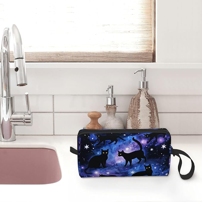 Black Cats Galaxy Stars Makeup Bag for Women with Wrist Strap | Durable 600D Oxford Fabric Cosmetic Organizer,Compact Travel Pouch with Handle for Gym & Daily Use