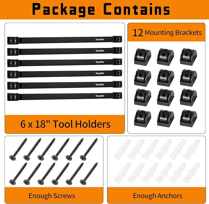 18" Magnetic Tool Holder Strip, 6 Pieces Black Metal Tool Organizer Rack with Stainless Steel Surface, Magnet Bar for Garage Workshop, Easy To Install with Mounting Screws