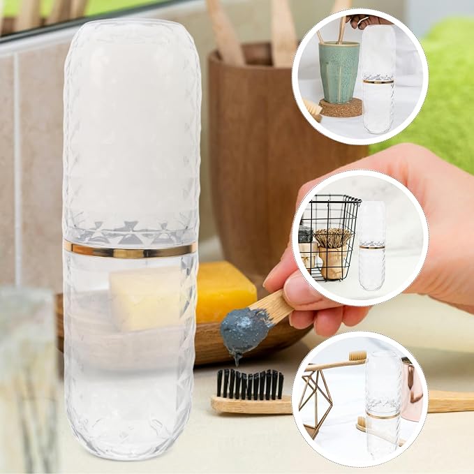 Didiseaon Transparent Toothbrush Holder Box with Dual Cups Portable Travel Toothbrush and Toothpaste Case for Home Gym School Business Trips Compact Pet Storage Organizer