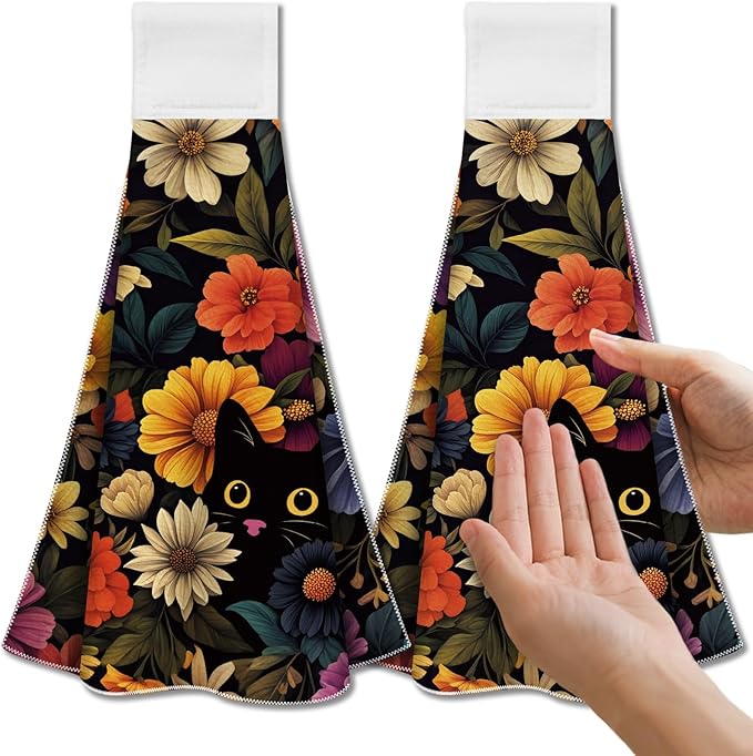 CUTHOLLOW Black Cat and Colorful Flower Hanging Kitchen Towels with Loop, Set of 2-Soft & Super Absorbent Microfiber Decorative Hanging & Hand Towel, Tea Coffee Towel for Kitchen Bathroom Oven Handle