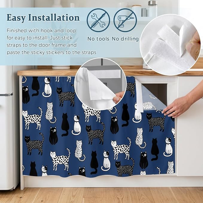 Cat Animal Small Sink Skirt 10"Wx11"L,Dustproof Under Sink Curtain with Self Adhesive Tape,Navy Blue Earthy Tone Vintage Pet Modern Cabinet Curtain Cover for Bathroom Vanity,Kitchen Storage Shelf,RV