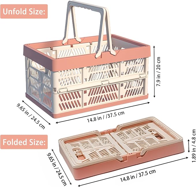 Collapsible Plastic Storage Crate - 20L Folding Organizer Basket Portable Stacking Storage Crate Bin with Handle, for Camping, Picnic, Car Trunk, Home Storage (Pink, M)