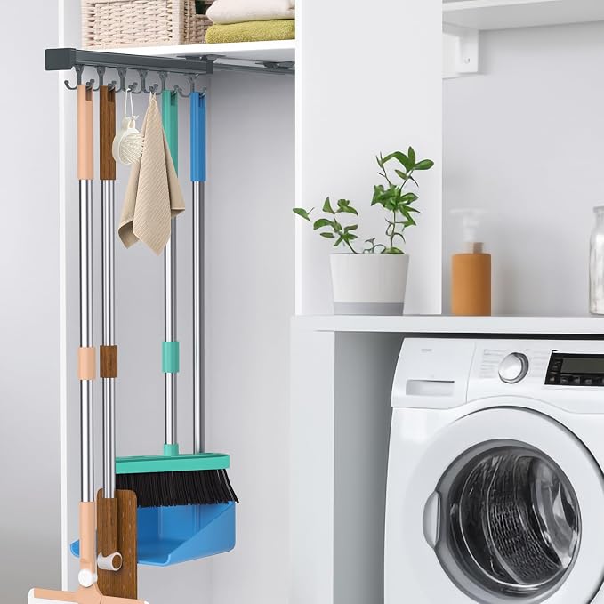 Pull Out Broom Holder With Adjustable Double Row Sliding Hook -Grey 14.17in | High Load Capacity, Multifunctional Slide Broom And Mop Storage/Garage Organization Hooks, for Closet Laundry, kitchens
