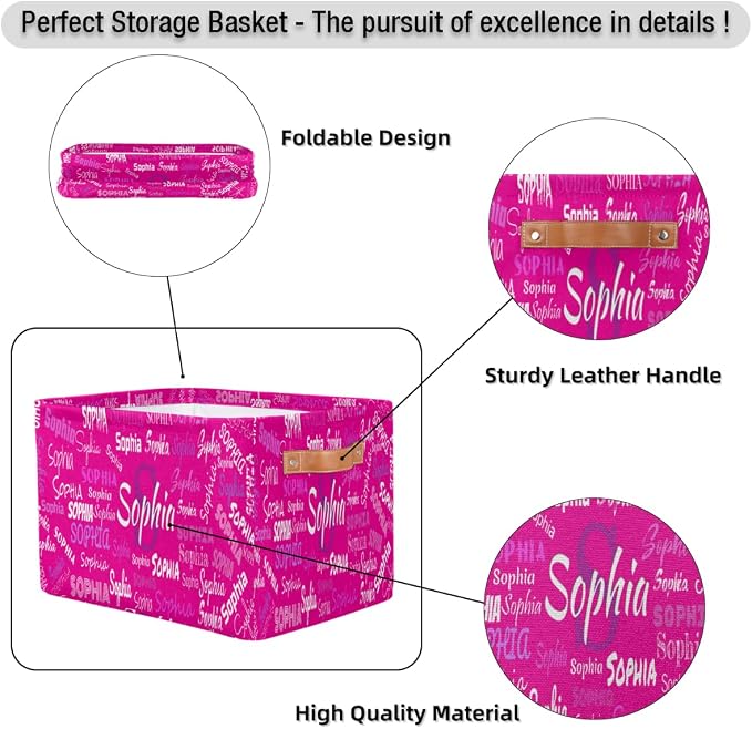 Personalized Name Storage Basket with Handles, Canvas Storage Bins Toys Clothes Organizer for Bedroom, Kitchen, Bathroom, Nursery, Shelves, Closets, Deep Pink Background