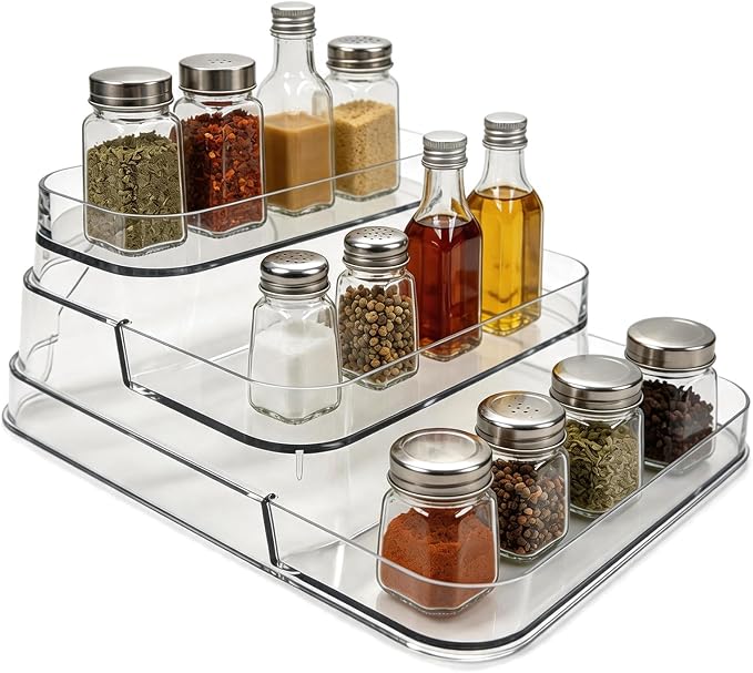3-Tier Spice Rack, Clear PET Kitchen Storage | No assembly required, fits kitchen, bathroom, pantry, Holds spices, vitamins, cosmetics, BPA-free, space-saving