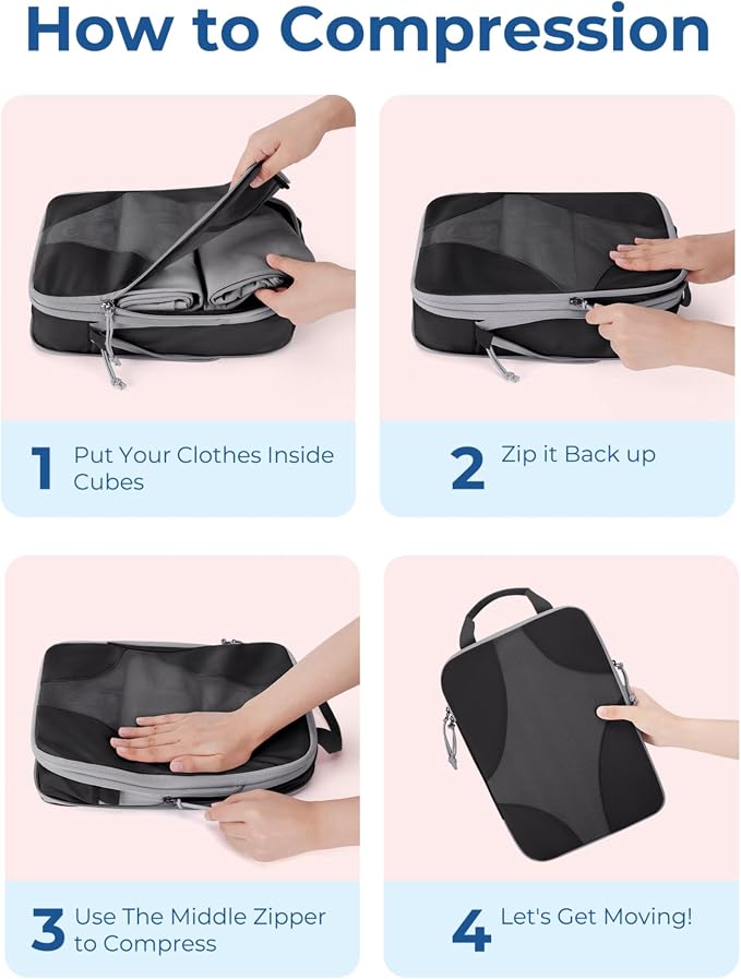 Bagsmart Compression Packing Cubes, Travel Bag Cruise Ship Essentials | Lightweight, Compressible Suitcase Organizer Set fit Standard Carry-On & Checked Luggage, 6 Set, 14 Set Washable Packing Bags