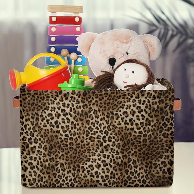 Basket Storage Bins Animal Leopard Cheetah Skin Rectangle Cube Basket Box Kids Girls Boys Toys Organizer Beaket Decor Foldable with Handle for Living Room Bedroom Closet Nursery Office Shelf Gifts