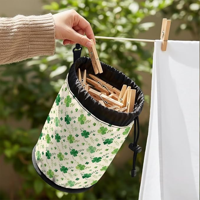 Shamrock Clothespin Bag with Hanging Hook Laundry Canvas Clothes Pin Holder Waterproof Clothespin Bag Clothespin Storage Organizer with Drawstring Closure
