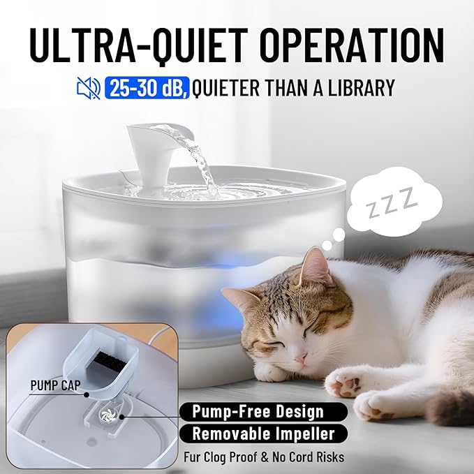 Veken Cat Water Fountain with Detachable Tank, Easy to Clean & Assemble, 85oz/2.5L Automatic Pet Drinking Dispenser with Quiet Operation & LED Light for Cats, Dogs and Small Pets, White