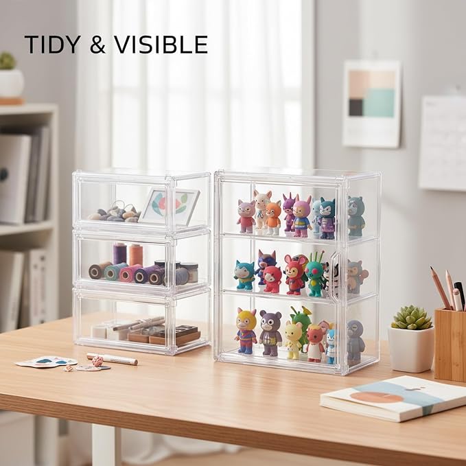 Clear PET Stackable Storage Box with Dividers, Transparent Display Organizer for Desktop Essentials