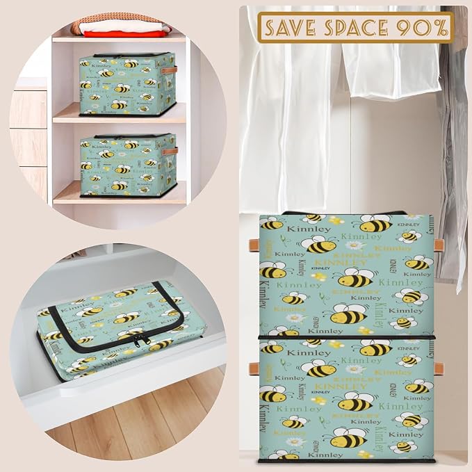 Personalized Name Storage Basket with Zipper Lid, Canvas Storage Bins Toys Clothes Organizer for Bedroom, Kitchen, Bathroom, Shelves, Closets, Cartoon Bee with Daisy Floral Ligth Green