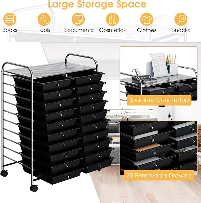 20 Drawer Rolling Storage Cart, Art Cart Organizer with Wheels for Makeup, Tool, Paper, Multipurpose Craft Storage Cart with Drawers for Office, Home, Classroom, Teacher, School (Black)