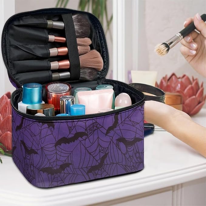 Purple Makeup Bag for Women Large Capacity Travel Makeup Bag with Handle Spider Web Bat Print Toiletry Bags for Travel Holiday Halloween Party