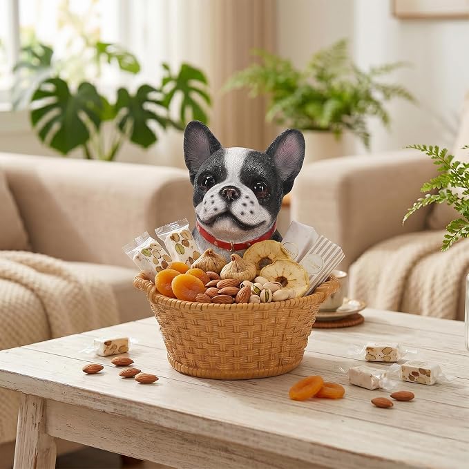 Cute French Bulldog Candy Bowl, Resin Dog Figurine Key Bowl for Entryway Table, Desktop Storage Basket Organizer for Desk, Unique Dog Lover Gift