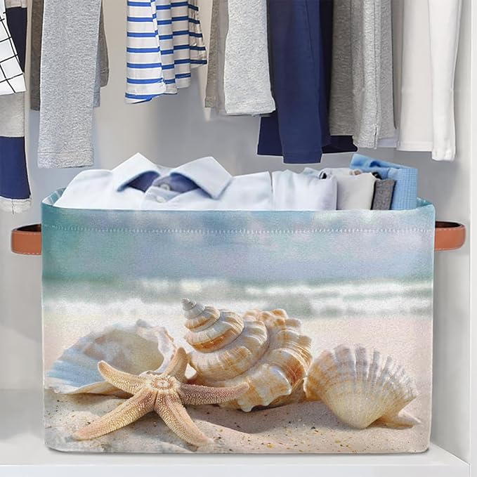 SEULIFE Summer Ocean Sea Beach Seashell Starfish Foldable Storage Basket, Large Collapsible Organizer Storage Bin Cube Toys Storage Boxes with Handles for Bathroom Kids Nursery Closet Storage, 2 Pack