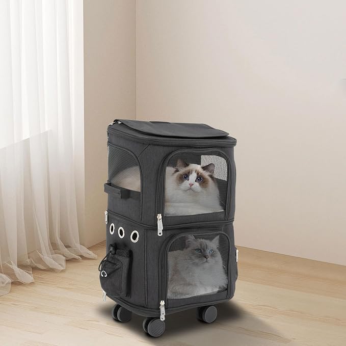 2-Tier Rolling Pet Carrier for Cats & Dogs, Removable Divider, Telescopic Handle, 4 Wheels, Breathable Mesh, Foldable, Large Portable Travel Crate with Side Pockets, 22lbs Capacity,Black