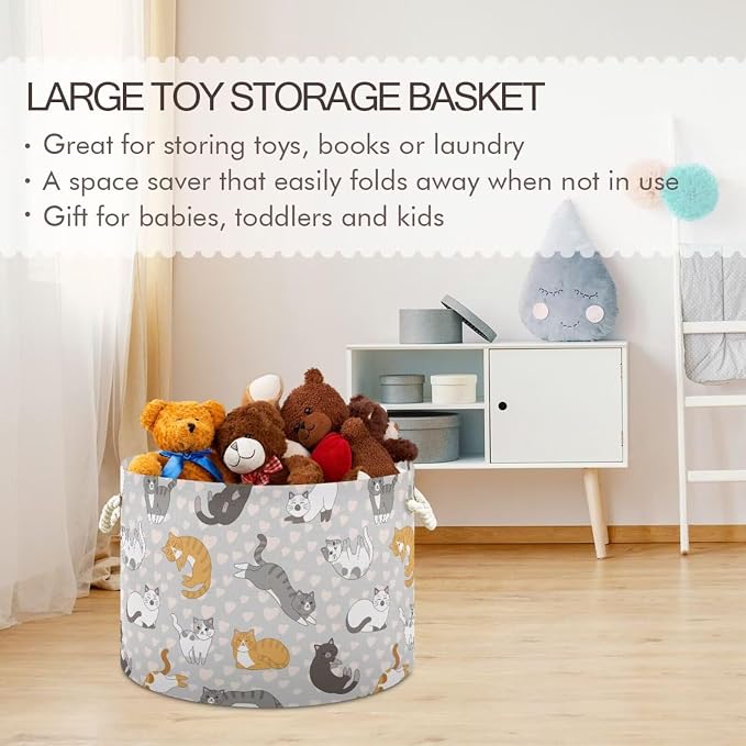 Cute Cat Print Collapsible Round Storage Basket with Handles | Pet Kitten Heart Large Laundry Baskets Hamper, Clothes Organizer Bin for Bedroom Living Room Decor, 20x 20x 14 Inches