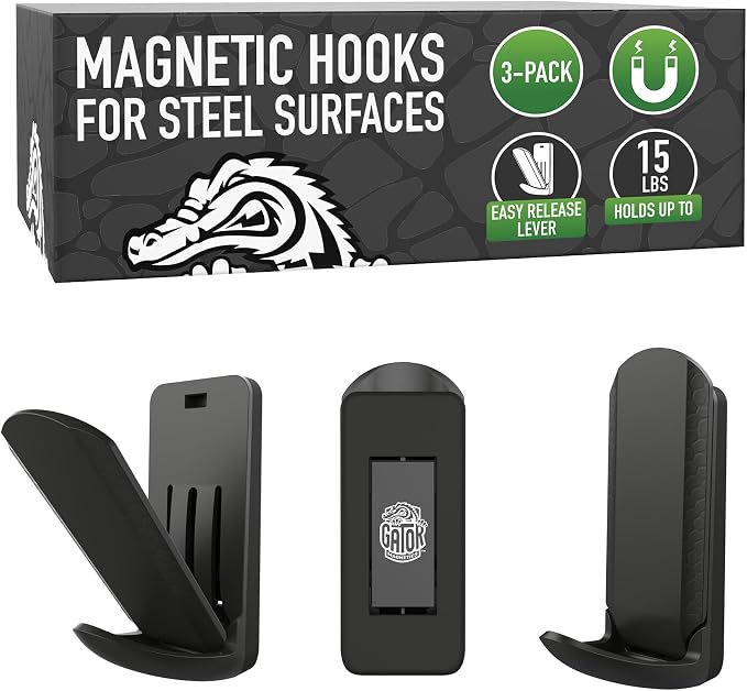 GATOR MAGNETICS MINI Open Hooks, 15 lb Magnetic Hooks, Black – 3 Pack | For coats, bags, towels, hats & leashes. Fridges, offices, classrooms, cruise cabins & lockers.