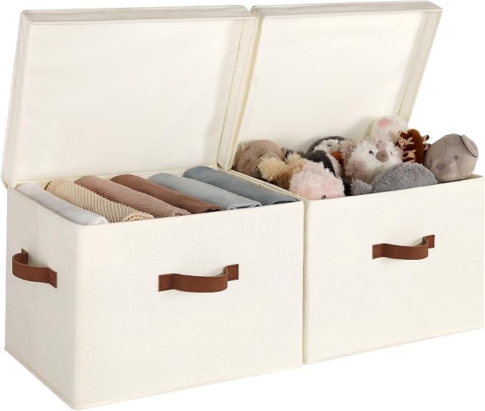 StorageWorks Fabric Storage Bins with Lids, Closet Storage Bins | Flip-Top Lid, 3 Handles, Collapsible, Stackable, for Clothes Blankets, Multi-Purpose, Jumbo, Ivory White, 2-Pack