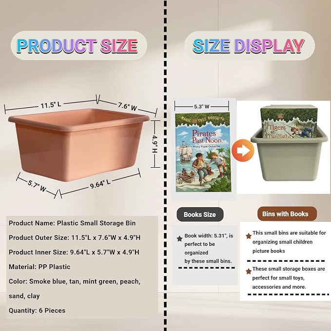 6 Pack Small Cubby Bins, Plastic Storage Containers for Classroom, Boho | Multi-Purpose Stackable Bin Organizer Storage Cubbies for Home, Playroom and Library, Shelf Bins, Book Bins