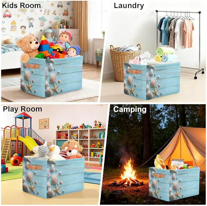 Pardick Storage Baskets Bin, Summer Wood Seashell Starfish Collapsible Canvas Fabric Storage Bin Decorative Baskets Toy Organizer Rectangle Storage Boxes with handles for Home Shelves Nursery,A-5