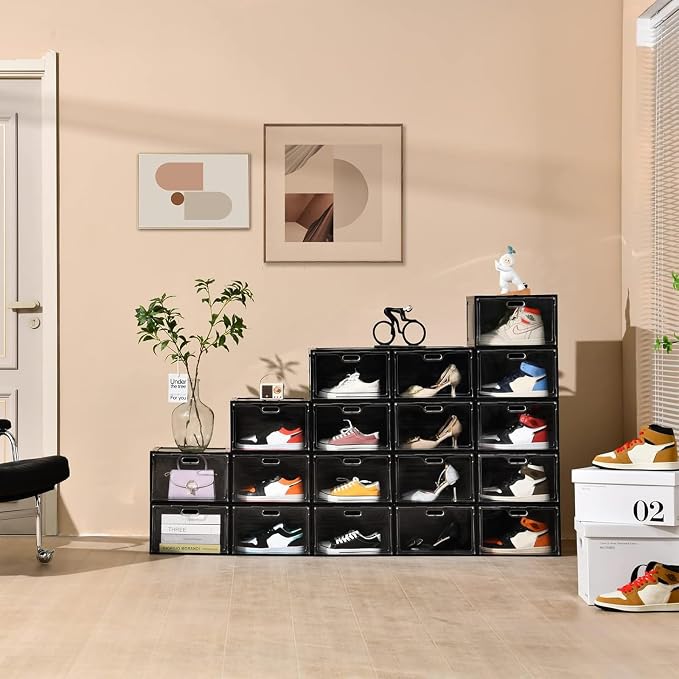 8 Pack Drop Side Shoe Boxes, Large Stackable Shoe Storage, Thick Plastic | Sneaker Storage with Magnetic Door, Shoe Organizer for Closet, Sturdy Shoe Containers, Sneaker display Case Fit up to Size 13